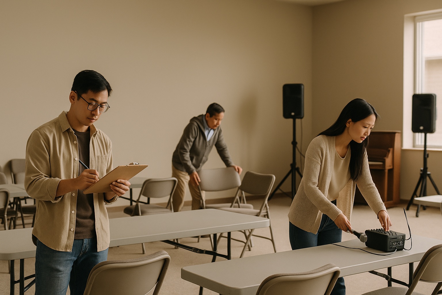 Ministry workers prepare a fellowship hall with chairs, speakers, and a booking clipboard.