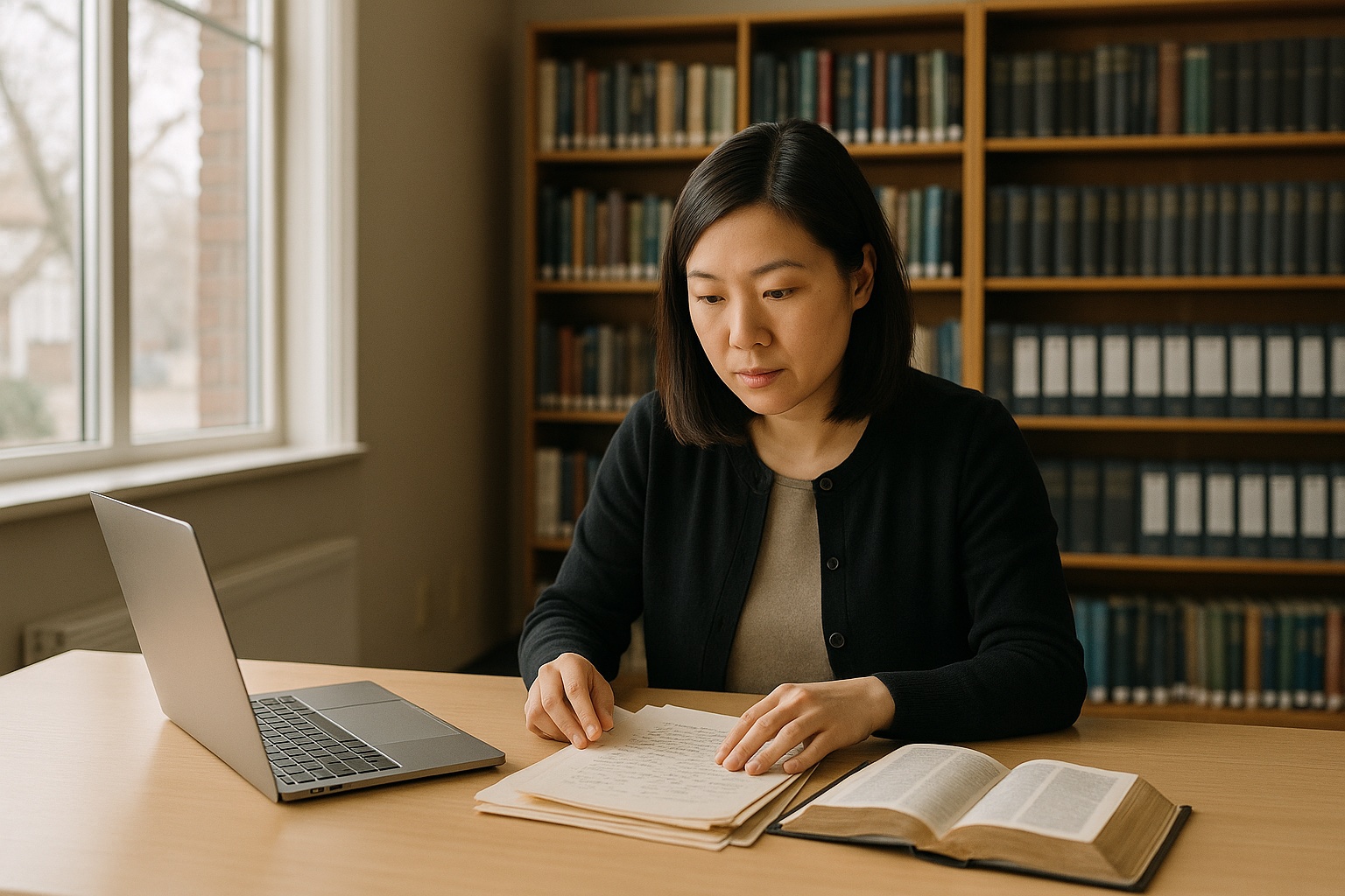A ministry worker studies church documents at a library table lined with commentaries.