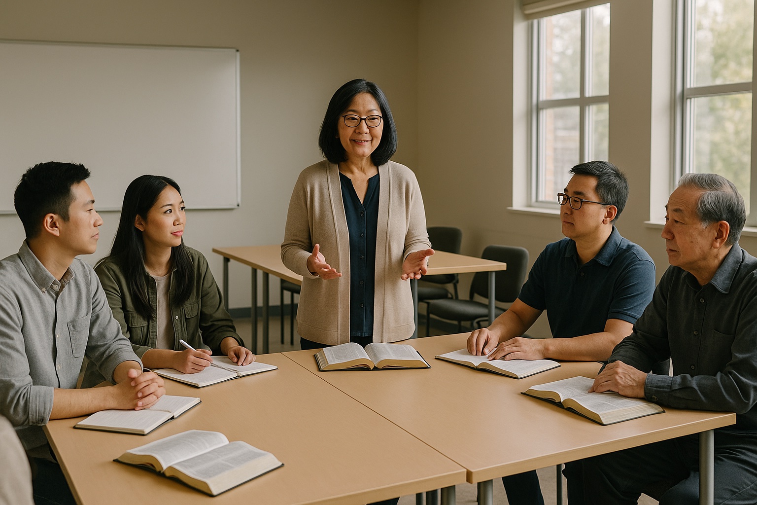 Adults in a bright classroom follow a discipleship lesson around shared tables.