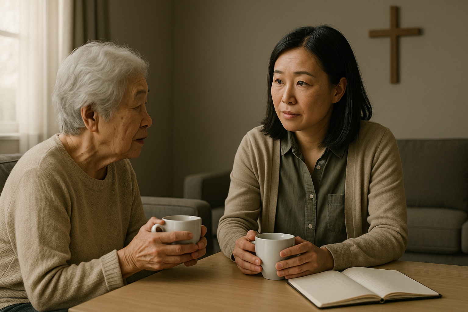 A pastor sits with a church member over tea in a quiet, sunlit sitting room.