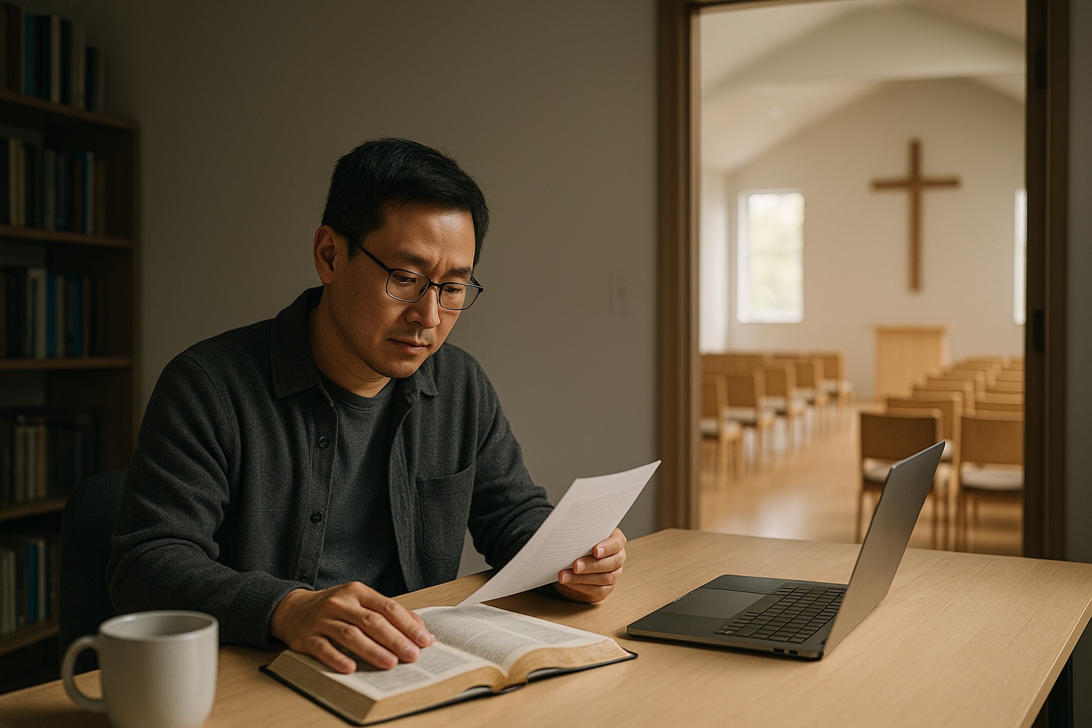 A pastor reviews a sermon manuscript at a bright desk, with a chapel visible through the doorway.