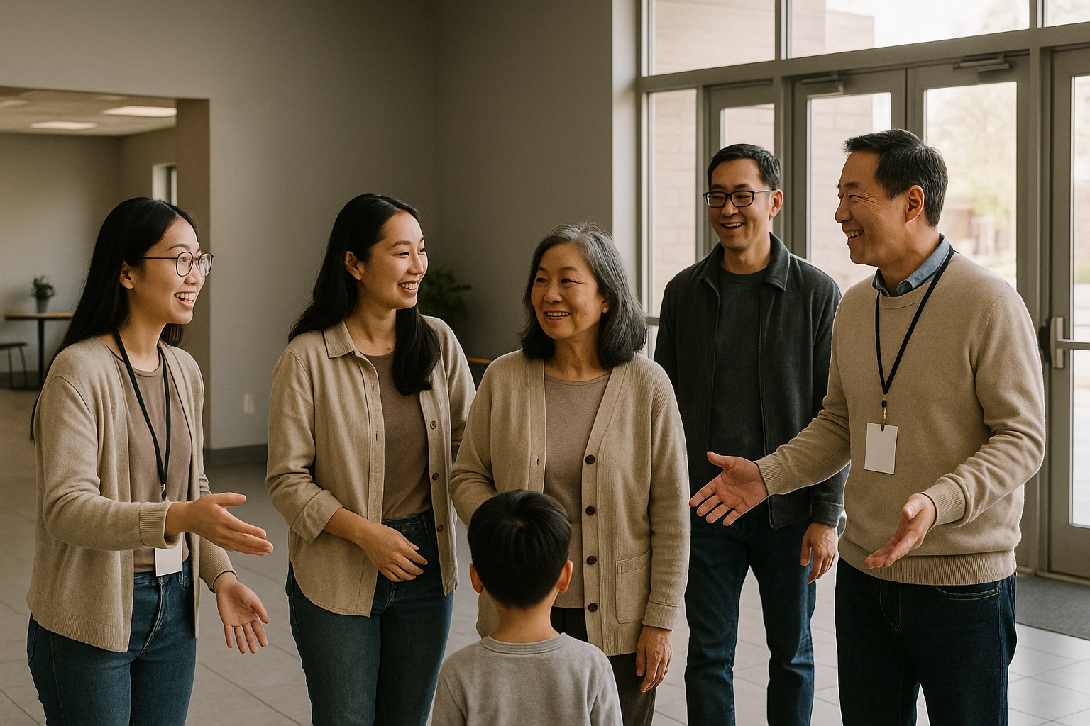 Volunteer greeters welcome a family at a sunlit church foyer.